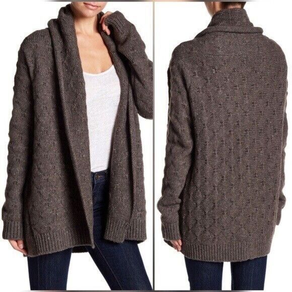 VINCE Wool Yak Longline Tuck Stitched Open Cardigan Sweater Large Stone Chunky - Picture 1 of 13